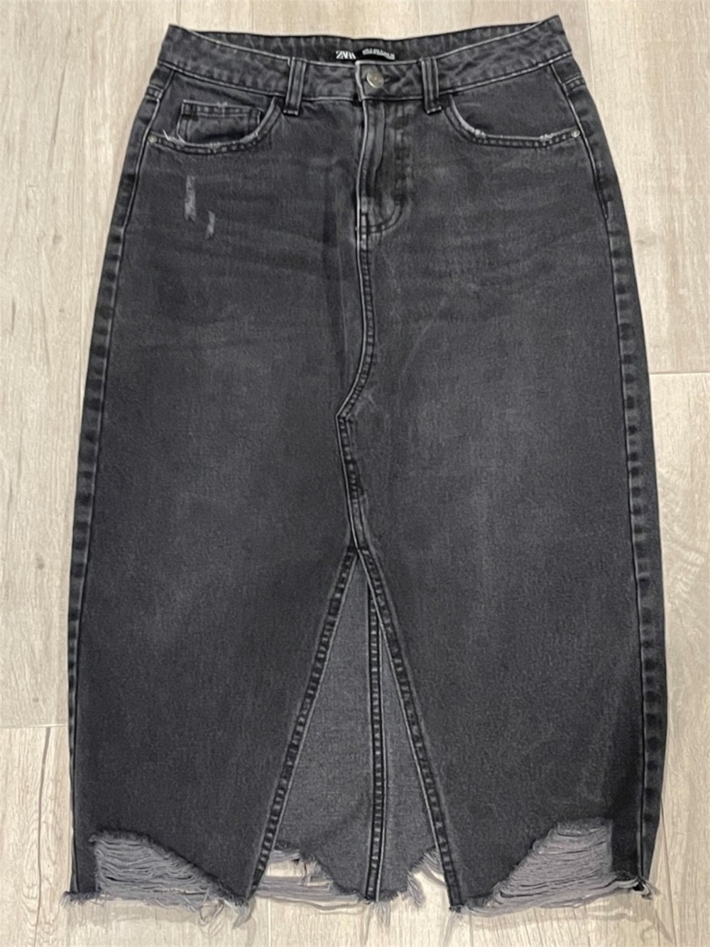 Zara Black Midi Denim Pencil High Rise Skirt Size Small